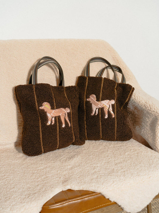 Sherpa Tote Bag with Dog Motif Embroidery in Silk - Chocolate