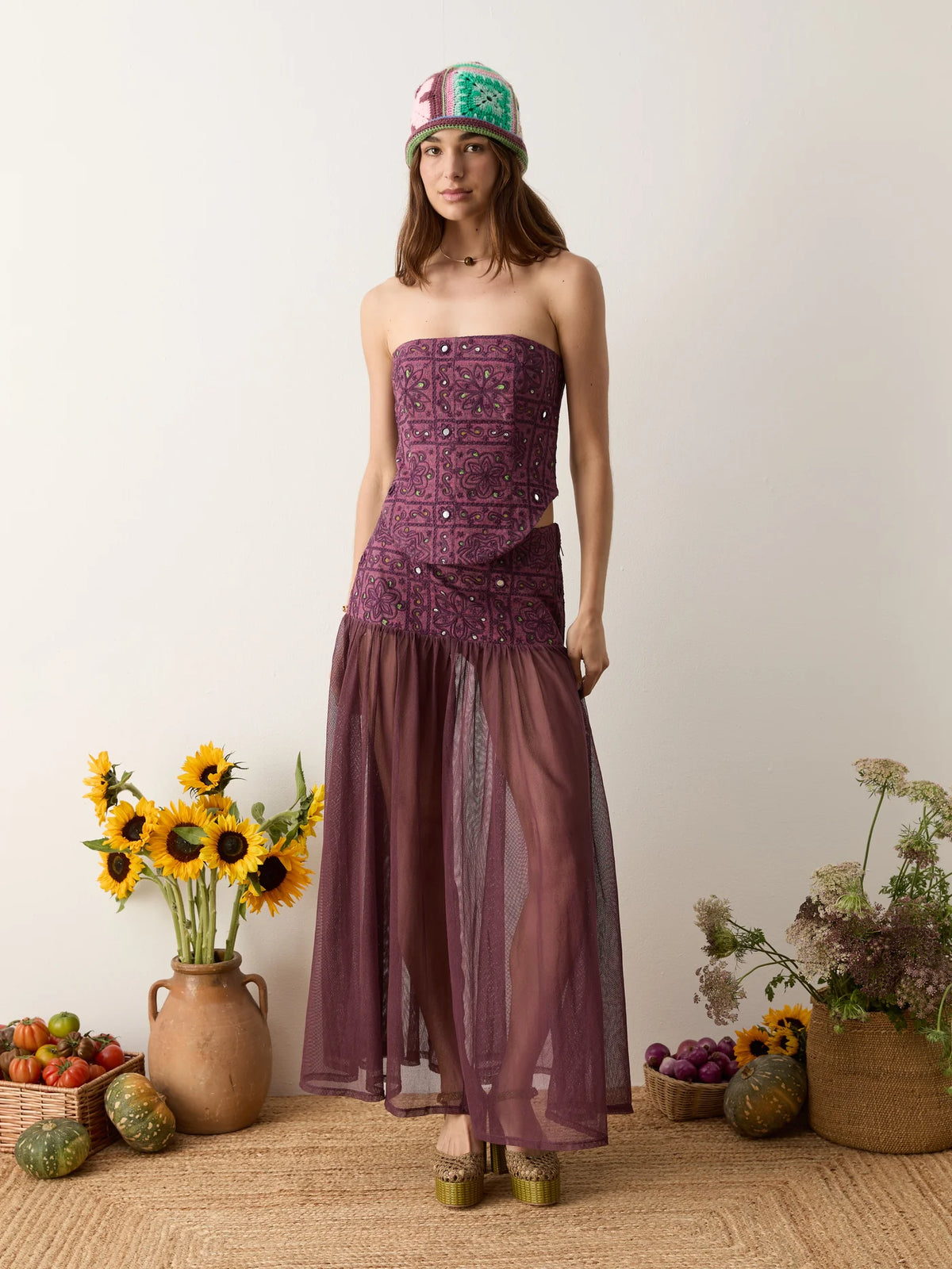 Folkora Embellished Yoke Maxi Skirt
