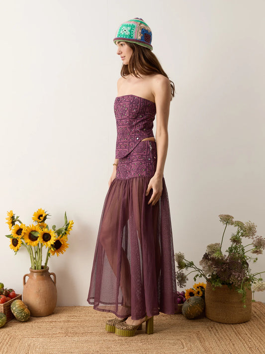 Folkora Embellished Yoke Maxi Skirt