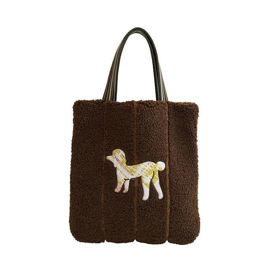 Sherpa Tote Bag with Dog Motif Embroidery in Silk - Chocolate