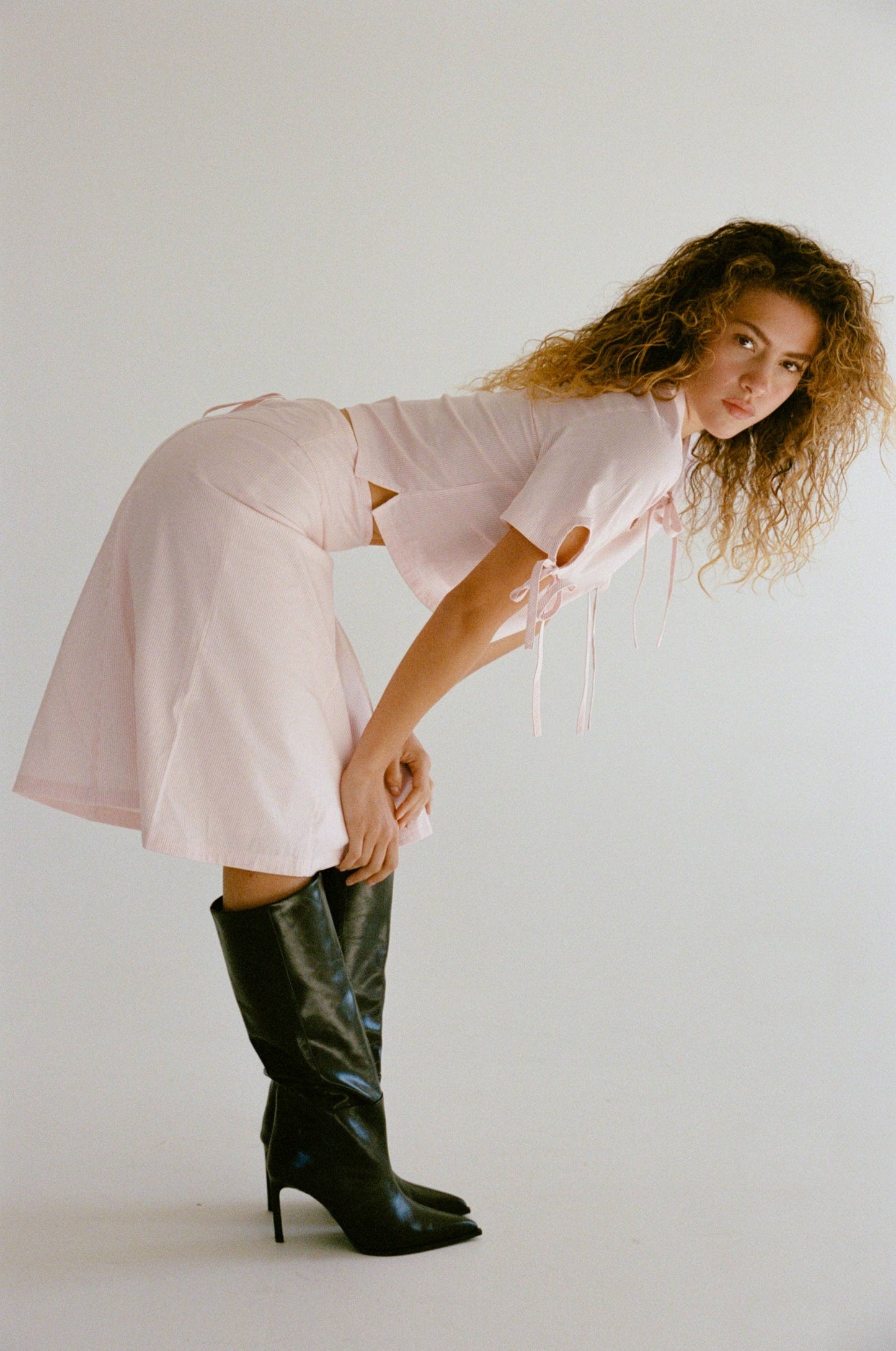 KEYHOLE MIDI SKIRT IN BLUSH STRIPE