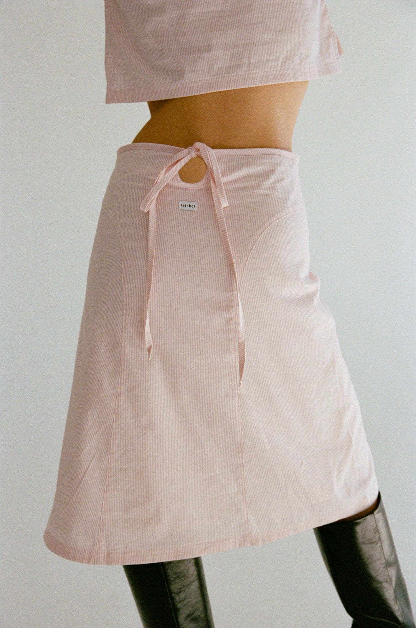 KEYHOLE MIDI SKIRT IN BLUSH STRIPE
